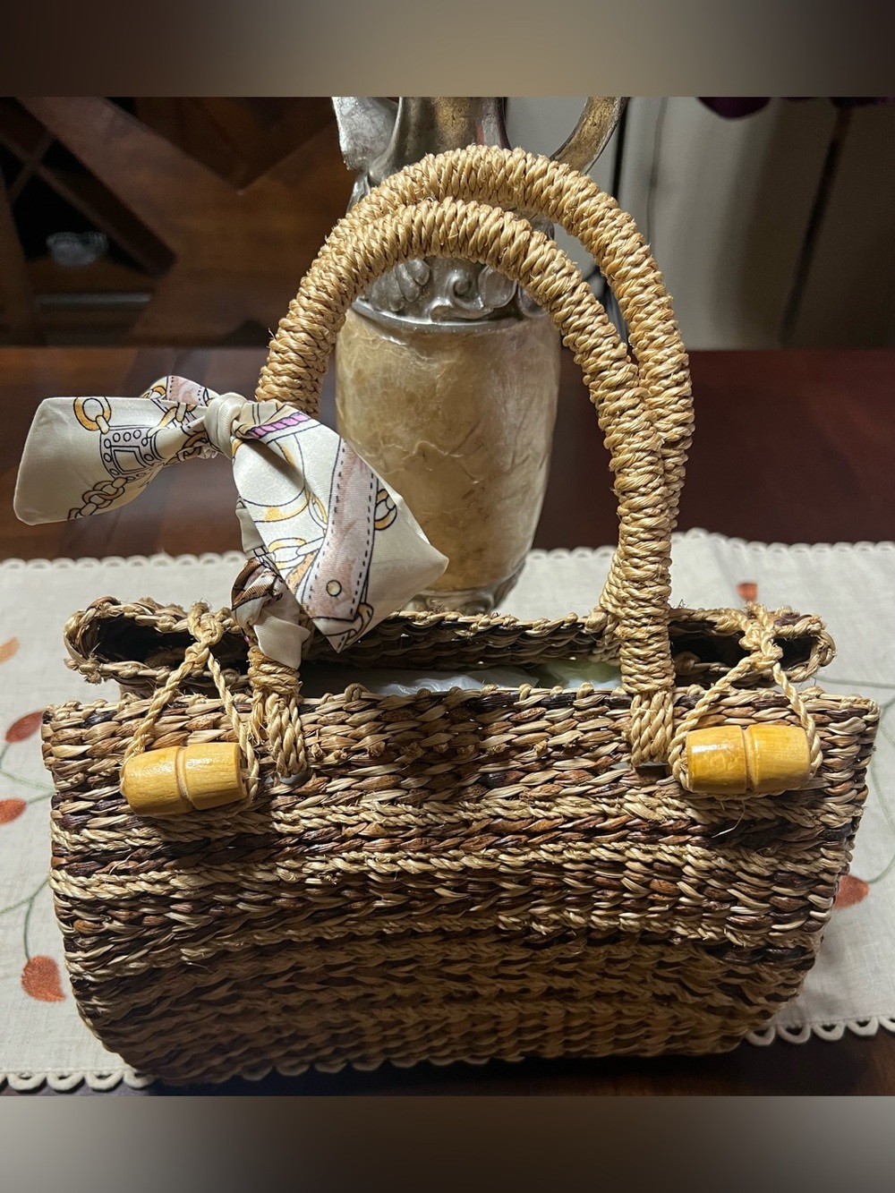 Woven Straw Top-Handle Bag in Natural Brown